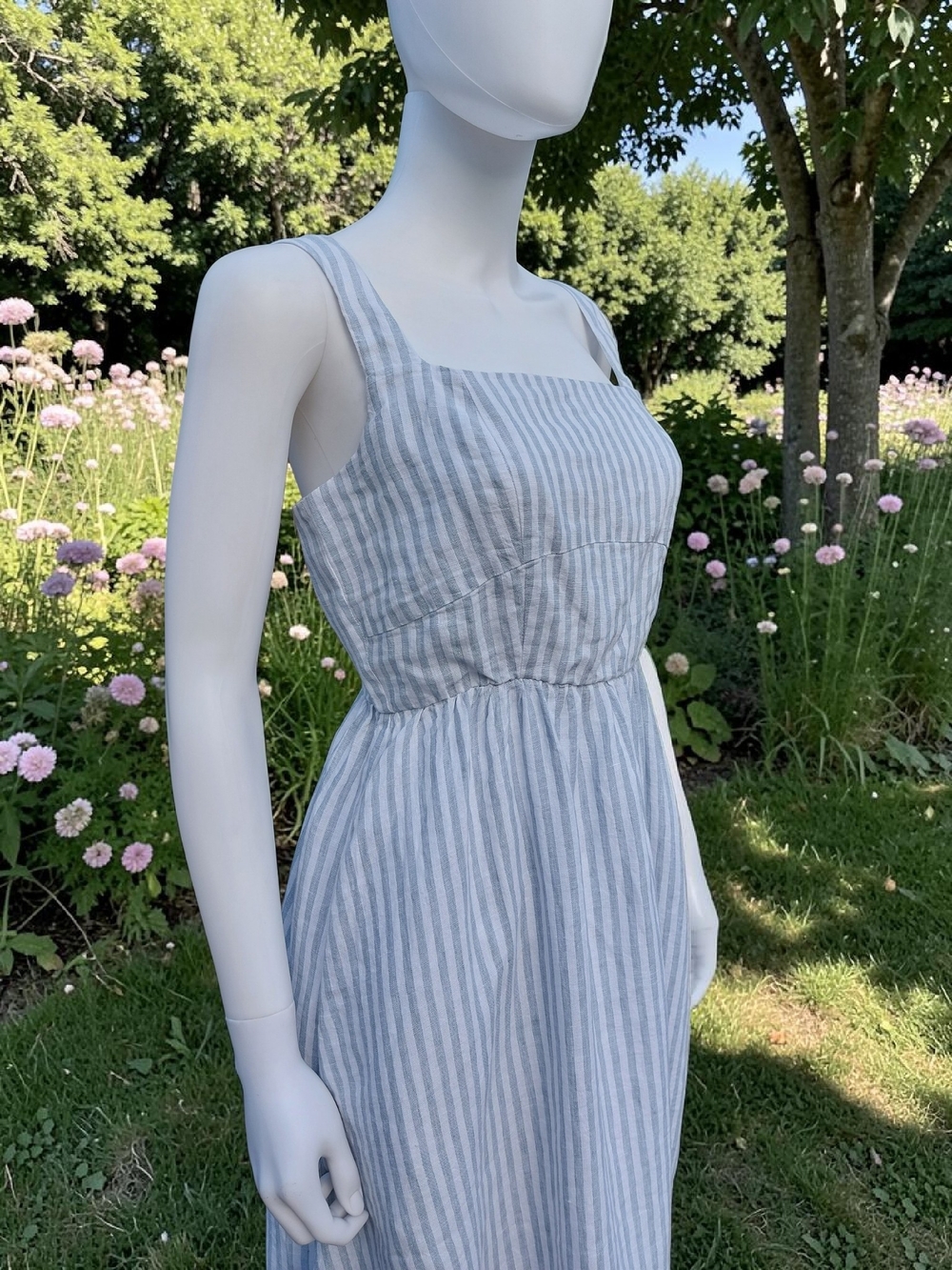 Quince 100% European Linen Fit & Flare Midi Dress Sky Blue Mariner Stripe S NWT - Picture 4 of 16